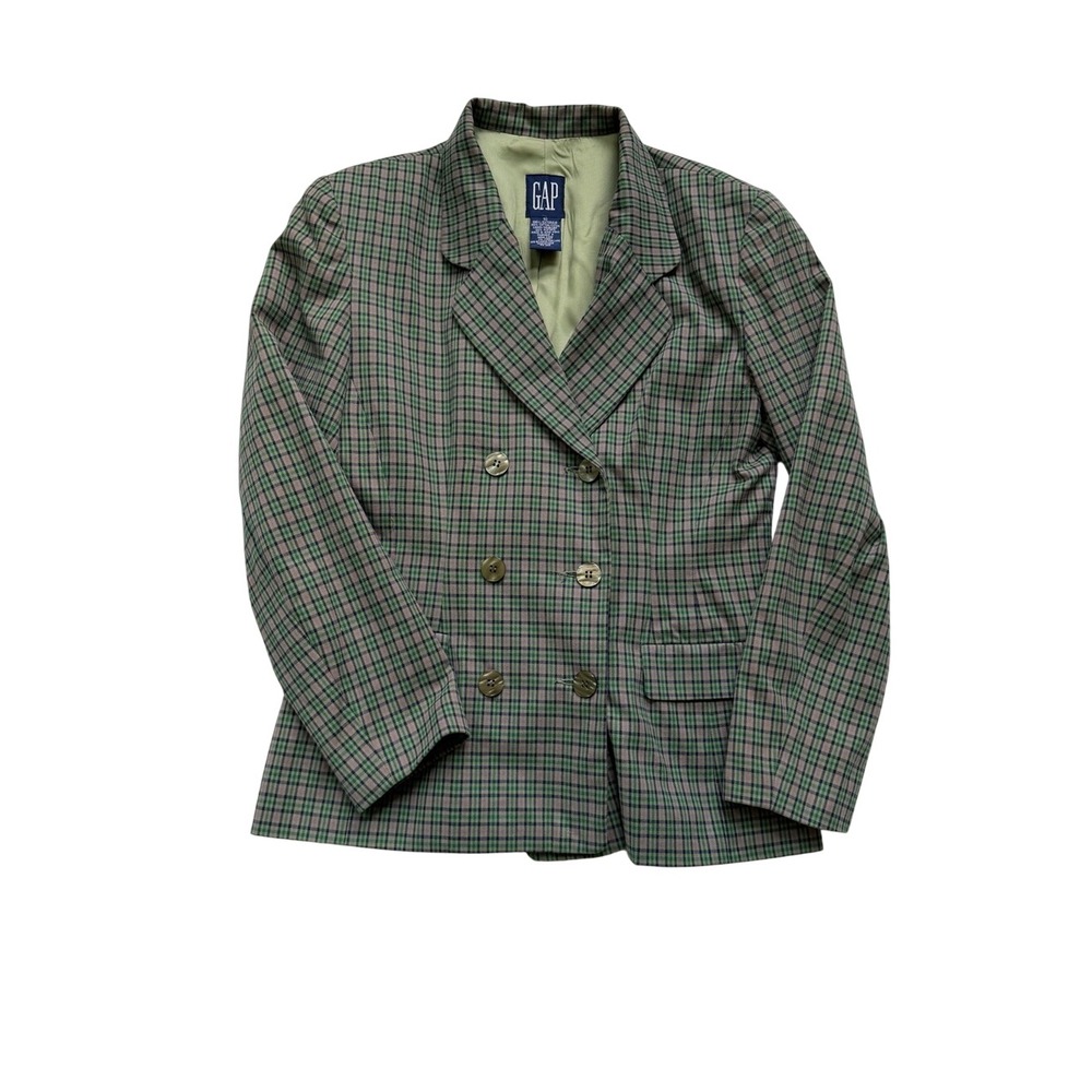 Vintage GAP Double Breasted Plaid Blazer 100% Cotton Women's Size 10 Green EUC